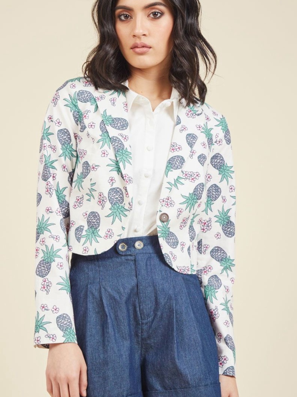 ModCloth Pineapple Lasting Impressions Cropped Cotton Blazer Jacket 1X